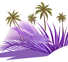 Naklejka premium Palms silhouettes violet sunset sky. Night landscape with palm trees on beach.Creative trendy summer tropical background.Vacation travel concept.Retro, synthwave,retrowave style,generative ai