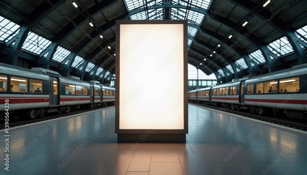 Poster blank advertisement panel in train station with modern architecture
