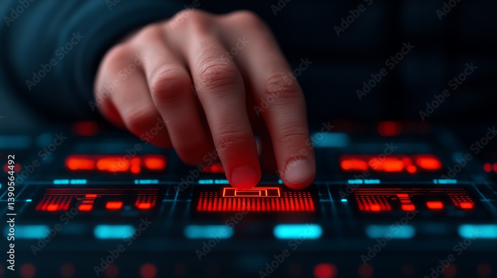 Poster finger activating futuristic control panel with red and blue lights, interface connection and system