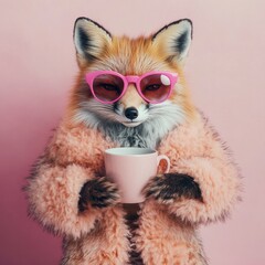 Stylish fox enjoys a warm drink while posing against a pastel pink background on a sunny day