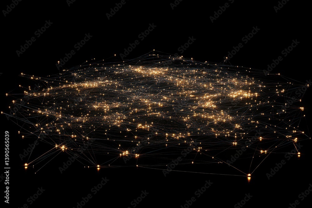 Poster network of connections and data processing illuminated against a black background, network of connec