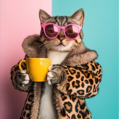 Cat wearing sunglasses and a fur coat holds a yellow mug in a colorful setting with bright pastel...