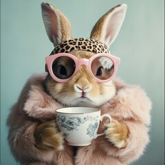 Stylish rabbit enjoying tea in a chic outfit with sunglasses and a trendy headband in a cozy setting