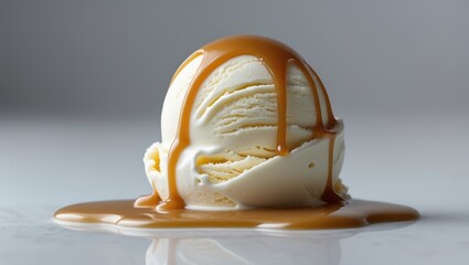 Fototapeta premium vanilla ice cream topped with melted caramel sauce against a plain background