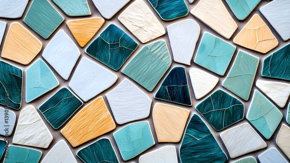 Poster a collection of colorful, irregularly shaped tiles arranged in a decorative pattern, featuring shade