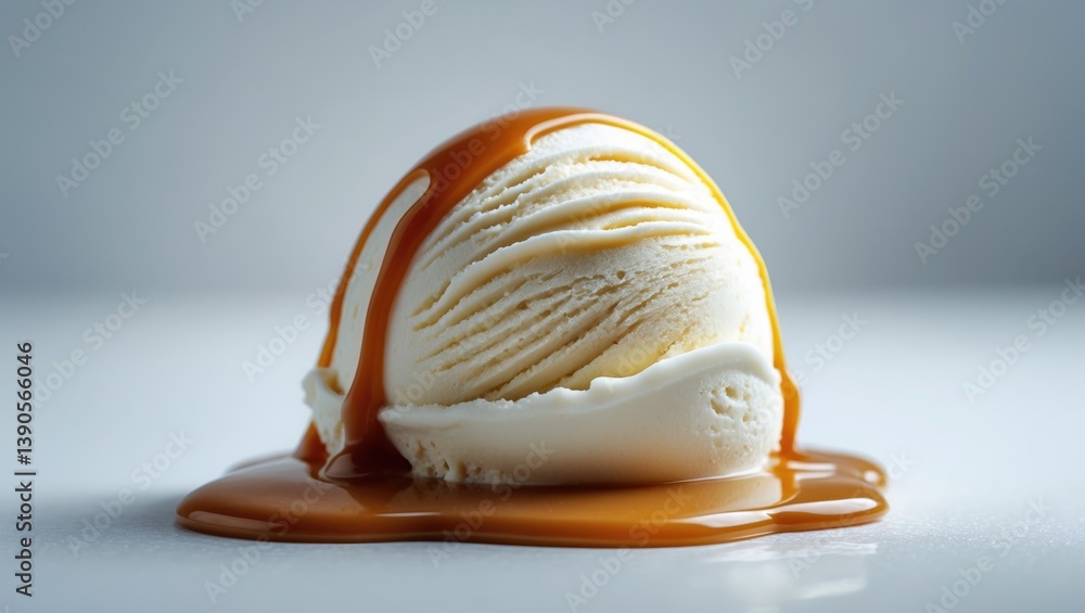 Poster vanilla ice cream topped with melted caramel sauce on a plain background