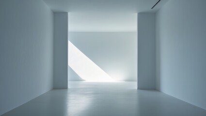 Fototapeta premium Abstract white empty room corner featuring bright white walls and an empty floor, a bright white empty room interior - suitable for text and design, space for product placement, background of an em...