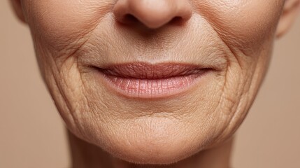 Closeup Mature Woman Lips Skin Texture Detailed Wrinkles Aging Beauty Natural Face Portrait Photography Studio Shot High Resolution Image Detailed View old real body tone mouth lines human color macro