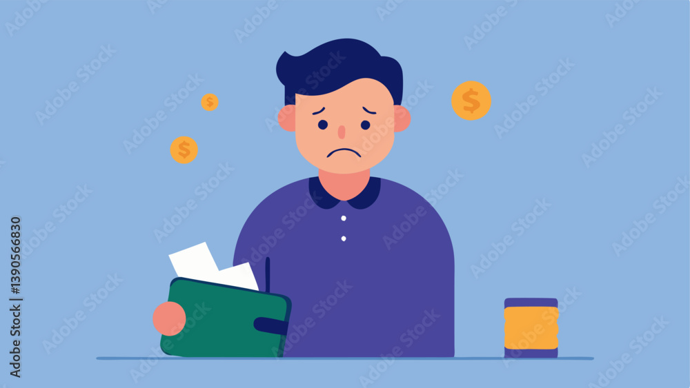 Poster empty wallet an of a person holding an open wallet with no cash inside looking disappointed with bil