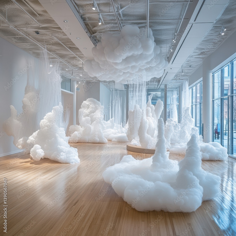 Aufkleber Cloud-like sculptures create an ethereal atmosphere in a modern art gallery during daylight hours