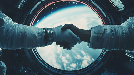 Astronauts Shaking Hands in Space. The handshake in front of Earth from the spaceship shows the spirit of cooperation and discovery. Space travel symbolizes global unity.