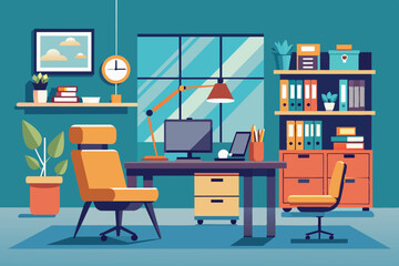 A stylish office setup features a large desk with a computer, comfortable chairs, shelves filled with books and supplies, and potted plants, creating a productive environment.