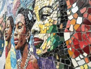 Fototapeta premium Vibrant mosaic mural featuring profile portraits of black women with pearl necklace