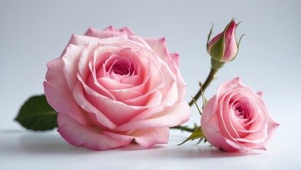 Fototapeta premium Bright pink rose blossoming with a bud, delicate isolated flower, vibrant color cutout object for decoration, design, invitations, cards, soft focus, and clipping path.