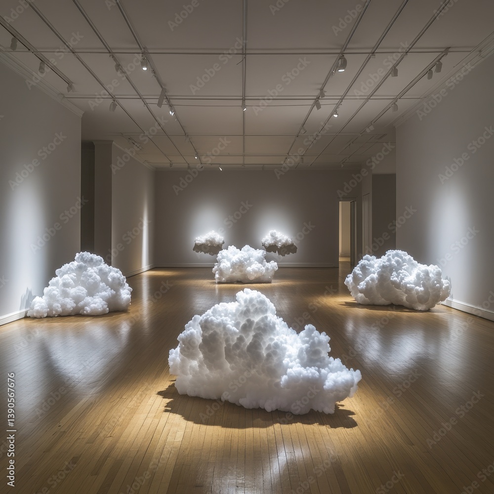 Poster art installation showcasing fluffy cloud sculptures in a minimalist gallery setting during an exhibi