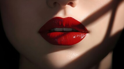 Obraz premium Close-up of a pair of luscious, glossy red lips, with light and shadow creating a dramatic effect. Concept Close-up Photography, Glossy Red Lips, Light and Shadow Play, Dramatic Makeup
