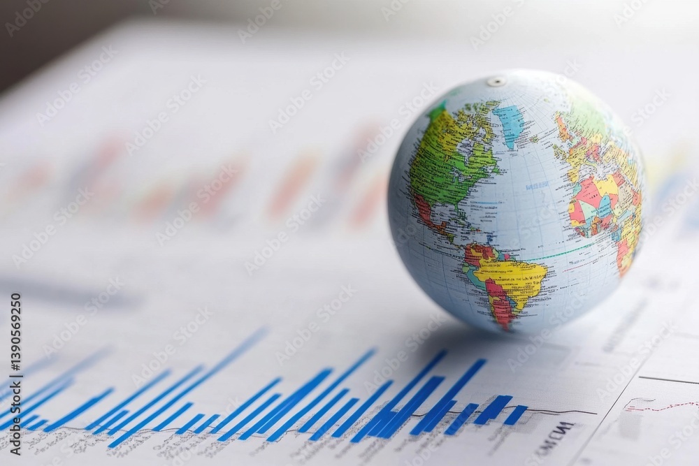 Poster data visualization and global analysis with graphs over a globe representation, data processing and 