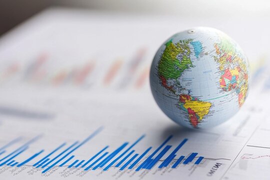 Data visualization and global analysis with graphs over a globe representation, data processing and diagrams over globe