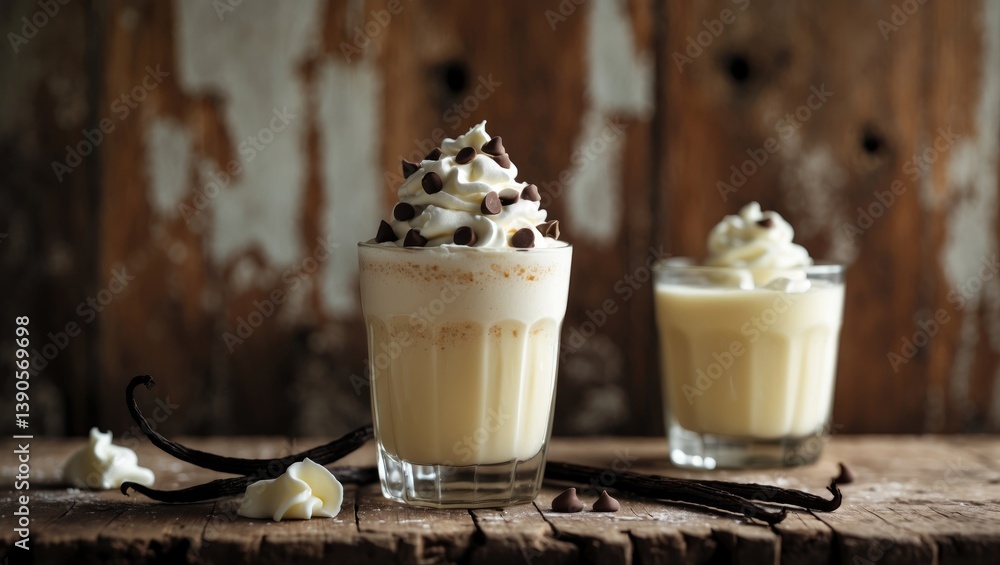 Poster vanilla bean milkshake. chilled milkshake in a glass topped with whipped cream and beans, with space