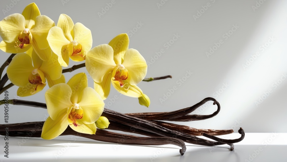 Poster vanilla pods and flowers cascading on a surface.