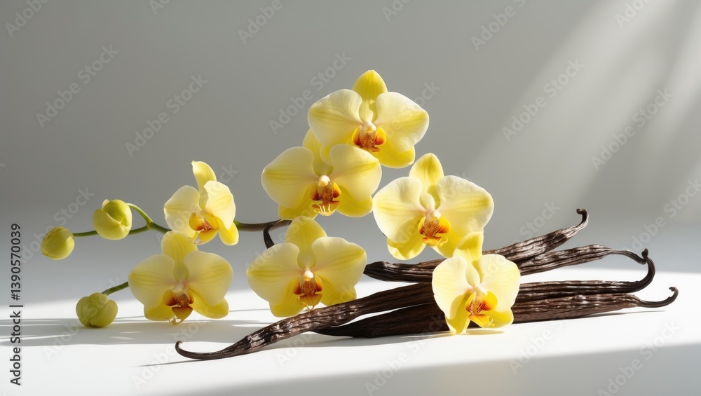 Poster vanilla pods and flowers cascading on a backdrop