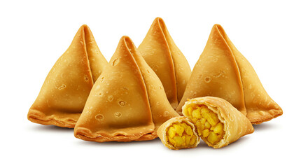 Golden-brown samosas, a tempting treat of spiced potatoes and peas in crispy pastry, artfully arranged against a bright white background.