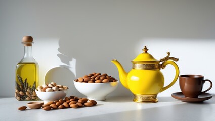 Colorful digital wall tiles design for kitchen featuring a stylish and traditional teapot, coffee and tea cups on their plates next to a hot teapot and fruits.