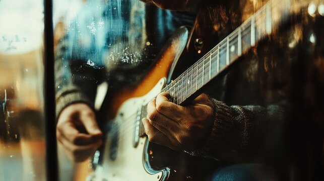 A person is playing the guitar with their hands close up