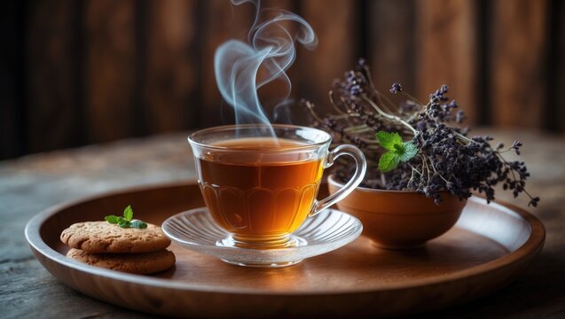 tea cup on a wooden tray with steam rising above, accompanied by cookies and lavender.