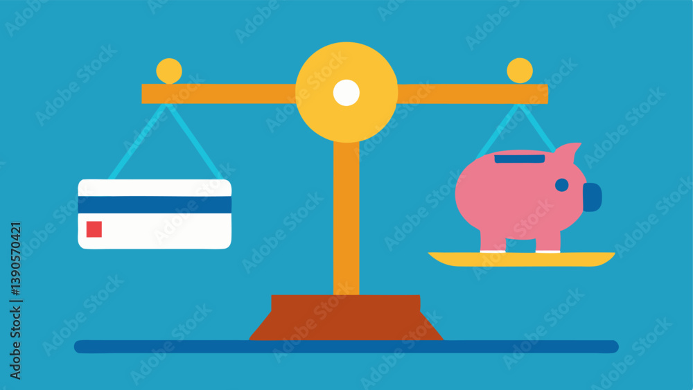 Poster balance scale a scale balancing a credit card on one side and a piggy bank on the other representing