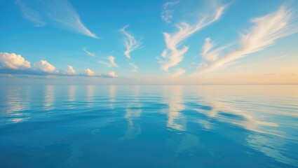 Plakat Beautiful summer landscape panorama featuring a wide horizon view of the open sea and beach under a clean blue sky. Calm ocean waves and nature with no one traveling at the shore.