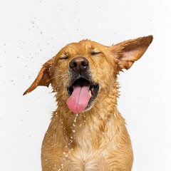 Playful photo of a wet golden dog splashing water up during bath time, tongue out. Clean white background. Joyful and energetic scene, ideal for pet care or grooming ads.