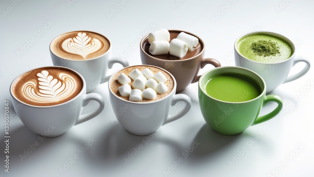 Poster assorted hot beverages. different coffee drinks displayed separately on a neutral background. coffee