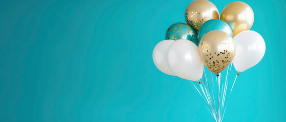 Beautiful happy birthday celebration turquoise color background with golden turquoise white balloons, party, new, year's eve, sylvester, christmas, xmas, greeting card