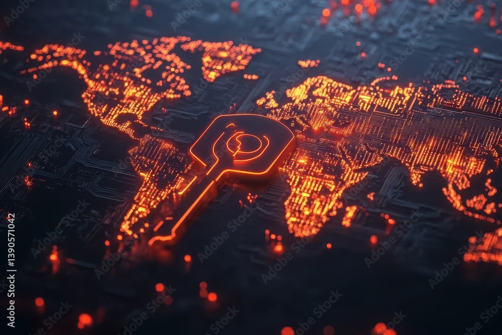 Poster global data security symbolized by key icon with digital processing overlay on world map, key icon a