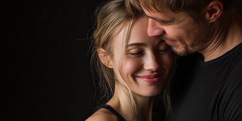 Young couple in love hug each other on a black background. close-up. smile.