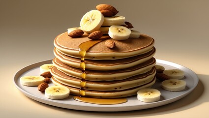 Delicious banana pancakes on a colorful background