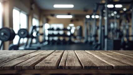 Vacant old wooden table set against a blurred backdrop of gym equipment, ideal for showcasing or displaying your products.
