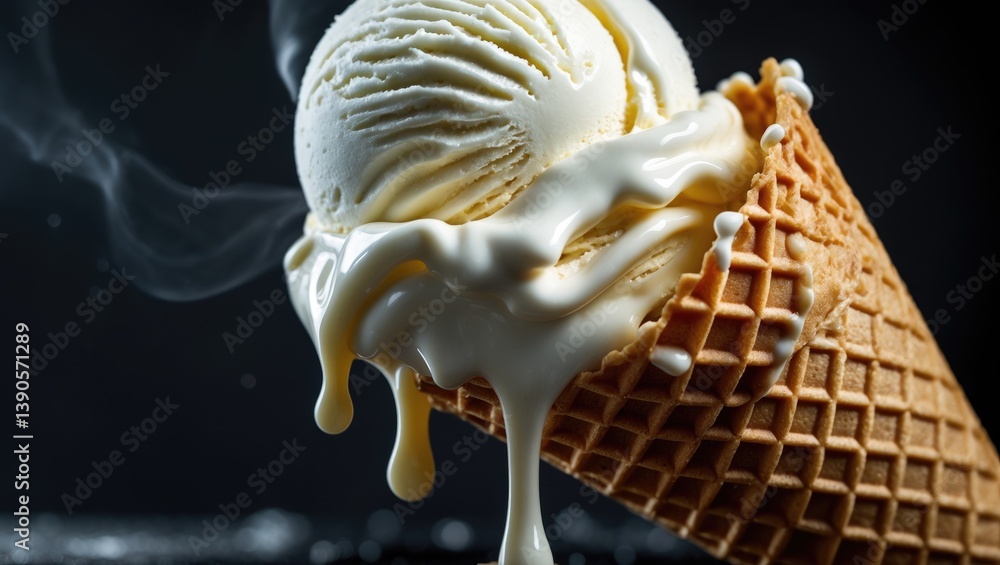 Poster vanilla ice cream cone with strawberry background and solid dessert