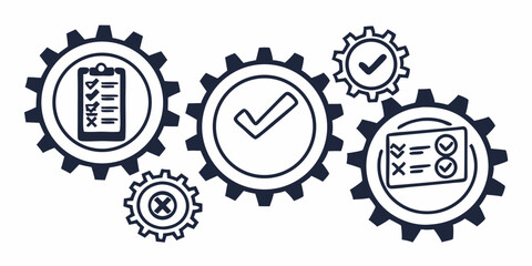 Black and White Gears with Checkmarks and Checklists Vector Icon for Process Workflow and Project Management