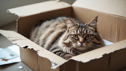 Tabby cat lounging inside a cardboard box.