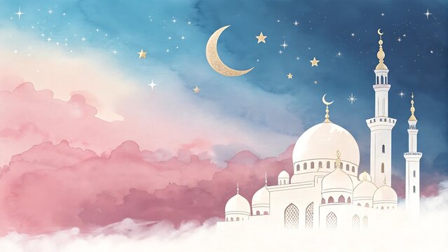 Minimalist mosque silhouette in white and gold against a dreamy pastel sky, with open space for message placement.