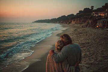 Happy couple enjoying and hugging each other on the beach. aged. at sunset.