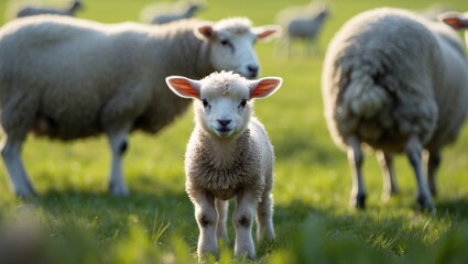 Obraz premium Young Merino lamb cuddles with its mother among a flock of sheep. Animal portrait that symbolically expresses security and closeness. The soft white wool is a sought-after farm product.