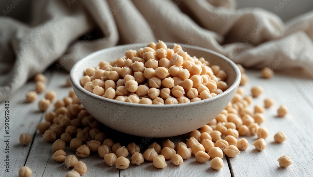 Poster dried uncooked chickpeas in a bowl or spoon on a table. background featuring a heap of legumes.