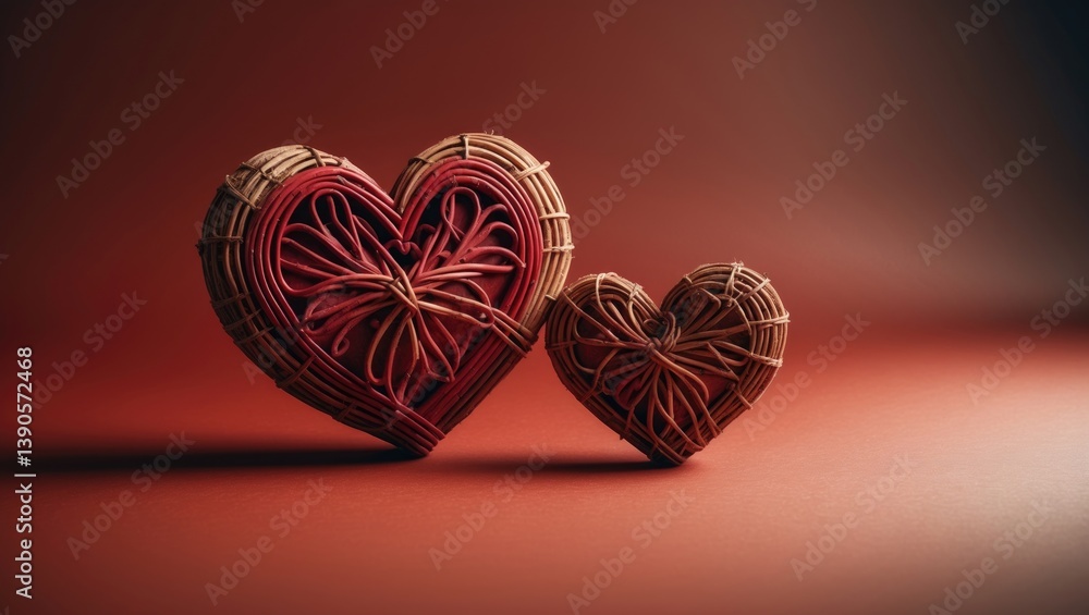 Aufkleber two red wooden hearts on a gradient red paper backdrop. copy space.