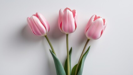 Fototapeta premium Three Young pink tulips separated against a white backdrop