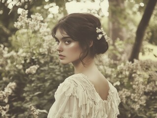 Naklejka premium Ethereal portrait of young woman with floral accents in dreamy natural setting