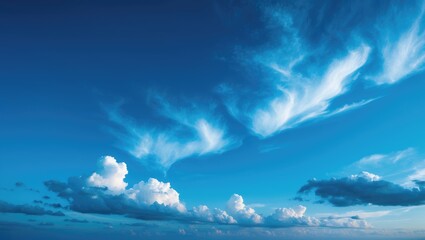 The sky is vast, bright, beautiful, and features white clouds.