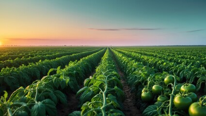 Fototapeta premium Sunset above a green agricultural field with tomatoes.
